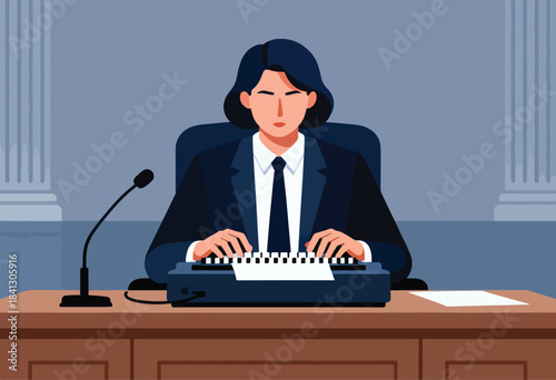 Person in suit typing on stenotype machine at a desk with microphone