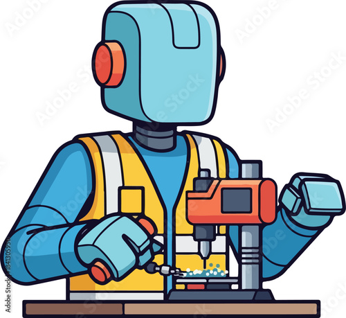 Blue robot in safety vest operates milling machine on desk. Suitable for industrial automation, robotics, engineering, and manufacturing concepts.