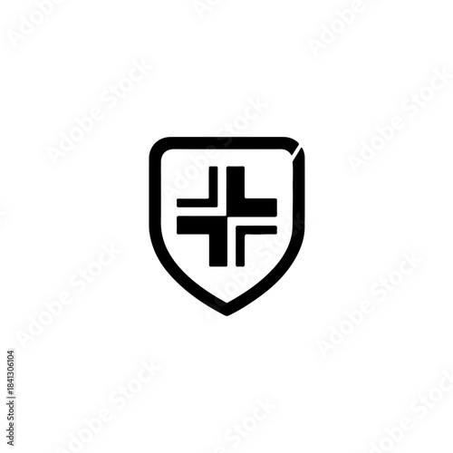 Minimalist black and white shield icon with a stylized medical cross, representing general healthcare, protection, safety, and security concepts. isolated on transparent background