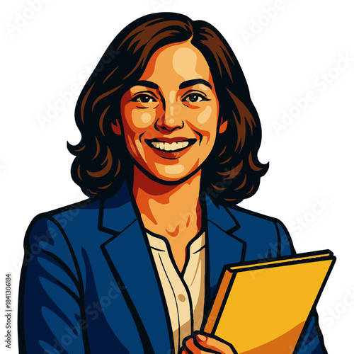 female product manager in business attire, holding a yellow folder and smiling confidently. Generative ai vector colorful pop art illustration.