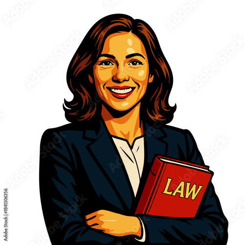 smiling female lawyer in a blazer, holding a red law book with confidence. Generative ai vector colorful pop art illustration.