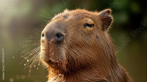 Capybara with eyes closed on sunny day. Wild animal close up portrait with water drops on fur. Nature and wildlife concept.