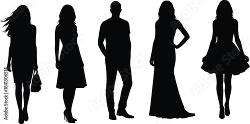 Silhouettes of men and women standing, stylish fashion poses, elegant figures in various outfits, black outline vector illustration set for design