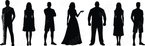 Silhouettes of diverse men and women standing, various body types and outfits, mixed poses, black outline vector illustration set for design