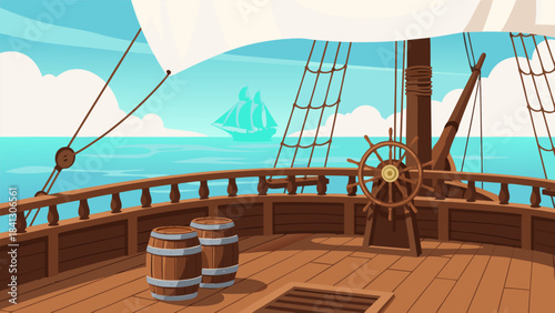 View from the deck of a wooden sailing ship with barrels and a helm, overlooking the ocean with another ship in the distance.