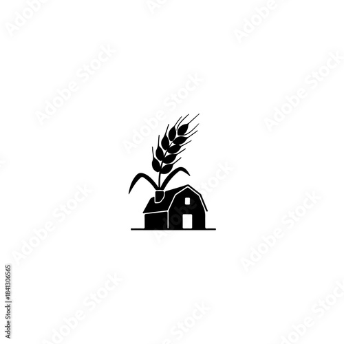 Stylized black barn with wheat stalk illustration representing agriculture, farming, and grain production. isolated on transparent background