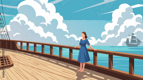 A woman in a blue dress stands on the deck of a wooden ship, looking out at the ocean with another ship in the distance.