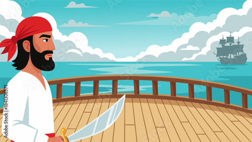 A pirate with a red bandana and a sword stands on the deck of a ship, looking out at another ship on the ocean.