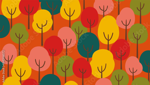 A vibrant and colorful illustration of a forest with stylized trees in various autumn hues against an orange background.