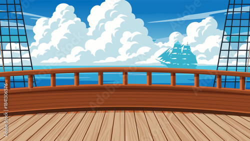 View from a wooden ship deck overlooking the ocean with a distant island and cloudy sky.