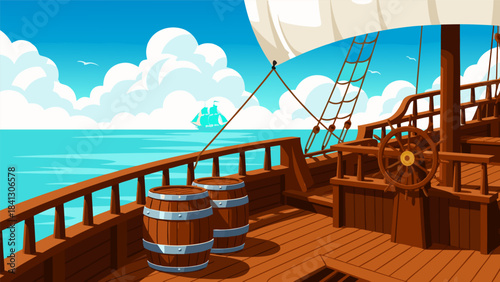 A wooden deck of a sailing ship with barrels and a helm, overlooking the ocean with another ship in the distance.