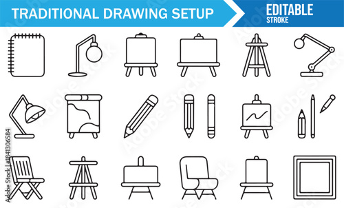 Art supply outline icons set for illustration, drawing, and creative workflow tools
