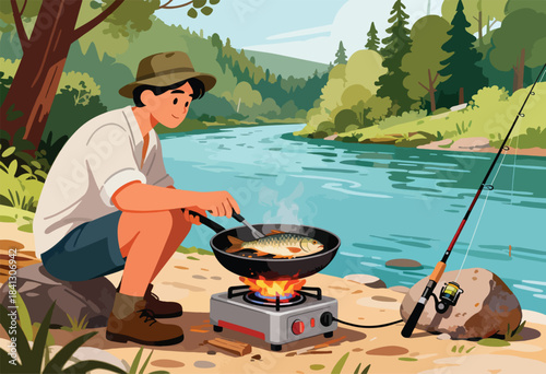 A person cooks a fresh fish over a portable stove by a river