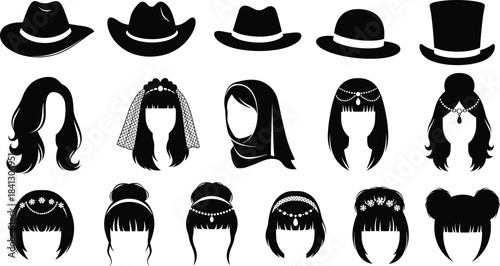 Collection of stylish hats and female hairstyles silhouettes featuring accessories, headwear, bridal designs, cultural styles, and decorative fashion elements