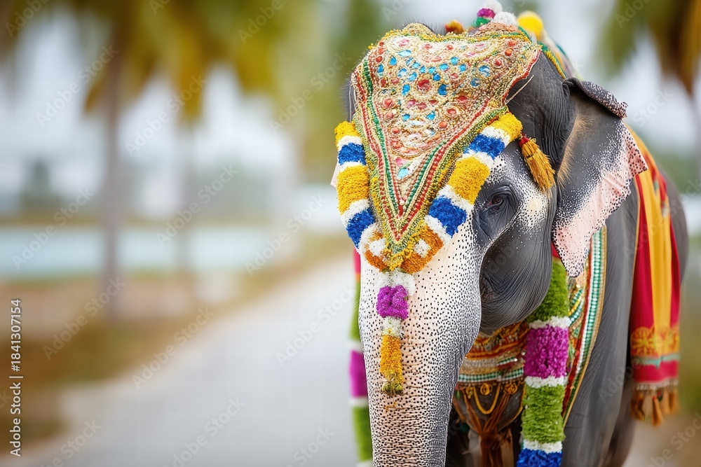 Naklejka premium Ornately Decorated Elephant in Colorful Traditional Attire