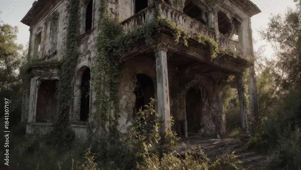 Fototapeta premium Abandoned Haunted House Overgrown with Vines and Foliage.
