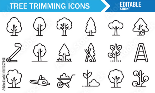 Landscaping symbols set featuring tree shapes, pruning tools, and yard equipment