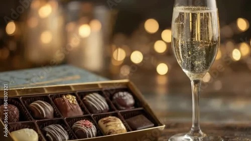 An inviting close-up of a sparkling golden beverage in an elegant flute glass, effervescing gently. Beside it, an open box reveals an assortment of decadent gourmet chocolates and truffles. The soft, 