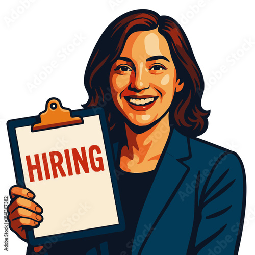 female recruiter in business attire holding a clipboard with the word HIRING in bold text. Generative ai vector colorful pop art illustration.