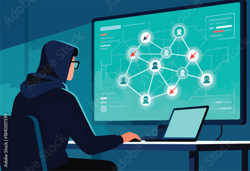 Hacker in hoodie analyzes network graph with malicious nodes and targets