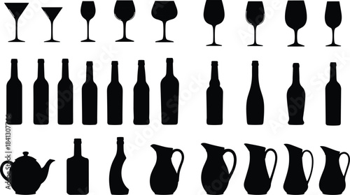 Collection of wine glasses, bottles, teapots, and jugs in clean black silhouettes for beverage design, bar illustrations, restaurant branding, and packaging concepts.