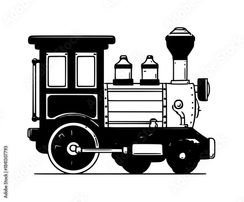 Vintage Toy Train Engine - Black & White Simplistic Flat Icon | Clean, isolated vector art for creative projects.