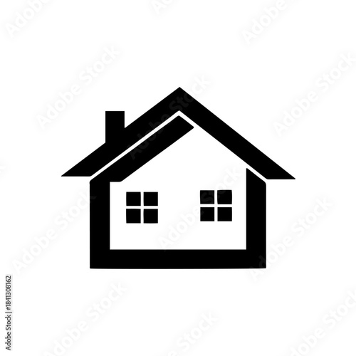 Simple black outlined house icon featuring a peaked roof, chimney, and two clear windows, perfect for housing or property concepts. isolated on transparent background