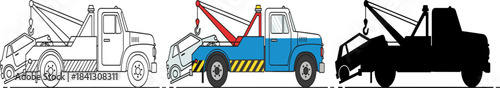 Vintage Tow Truck Icon Set - Outline, Full Color and Black Silhouette - Vehicle Breakdown Service Vector.