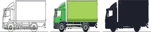 Delivery Truck Lorry Icon Set - Outline, Full Color and Black Silhouette - Cargo Transport Vector Graphic.