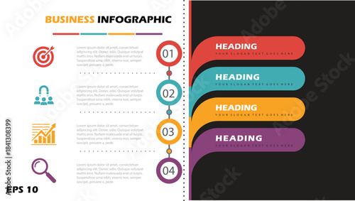 4 Steps Business Infographic Timeline Vector Template, Modern Horizontal Process Flow Chart for Presentation, Strategy, and Data Visualization Layout.