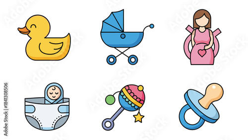 A set of colorful baby icons including a duck stroller baby bottle diaper rattle toy and pacifier, Generative AI