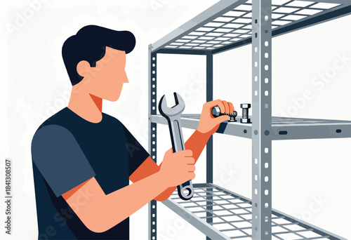 A person with a wrench assembles hardware on a metal shelving unit