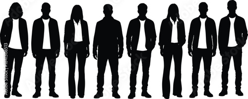 Casual people silhouette, diverse group vector, minimal black illustration, fashion pose, identity theme, scalable art, posture study, white background