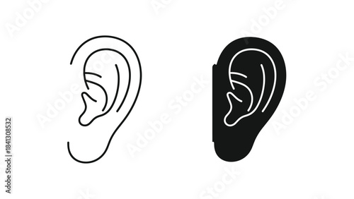 Vector illustration of a human ear in black and white outline on a for medical or artistic use, Generative AI