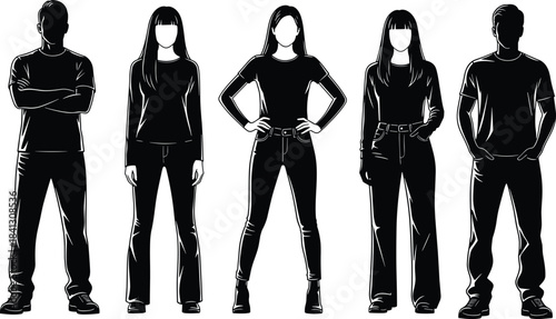 Casual people silhouette, standing group vector, black fashion clipart, diverse pose illustration, modern outfit design, faceless character art, SVG