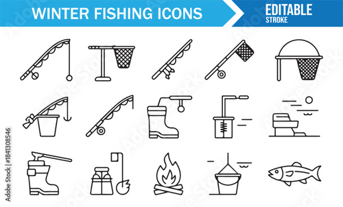 Editable stroke winter fishing icons featuring ice gear, rods, nets, and seasonal tools