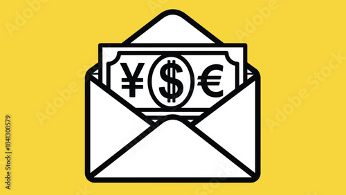 A black and white line icon of an envelope with currency bills sticking out on a bright yellow background, Generative AI