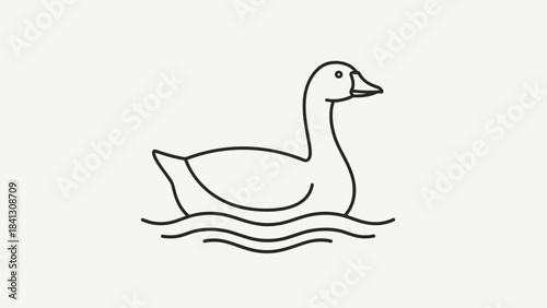 A simple line drawing of a duck swimming in water on a light green background, Generative AI