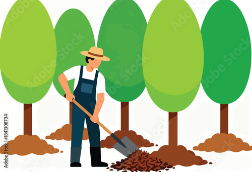 Cartoon farmer in straw hat and overalls digging soil with shovel among green trees