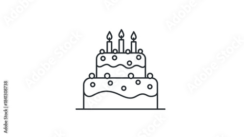 A minimalist line drawing of a twotiered birthday cake with lit candles on top, Generative AI
