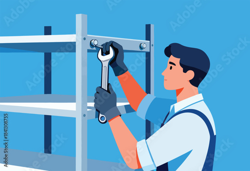A man in gloves tightens a bolt on a metal shelf with a wrench