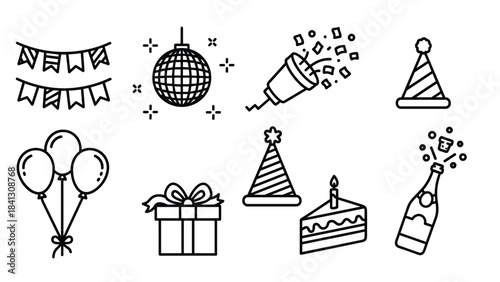 A set of festive party icons including balloons gift cake and decorations, Generative AI