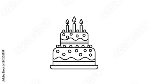 A black and white line drawing of a two tiered birthday cake with lit candles on top, Generative AI