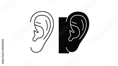 Black and white illustration of two human ears in profile view, Generative AI