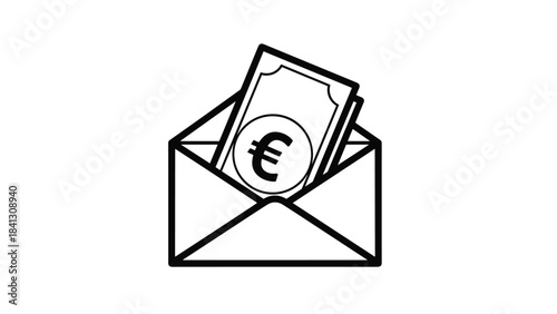 Black and white line drawing of an envelope with a euro currency note sticking out on isolated, Generative AI
