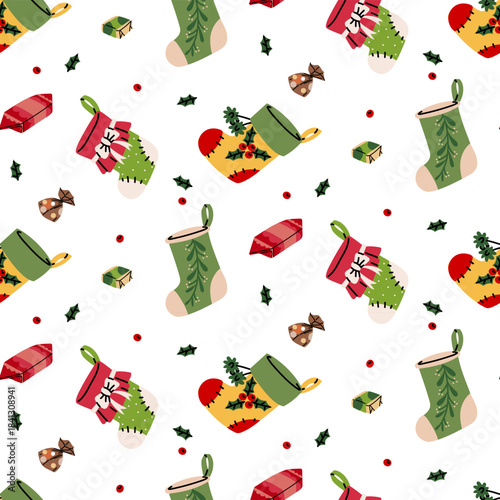 Seamless pattern with Christmas stockings and sweets. Santa's sweets for good children. Colorful flat-caroo textile print, perfect for festive wrapping paper, festive fabric, or digital background.