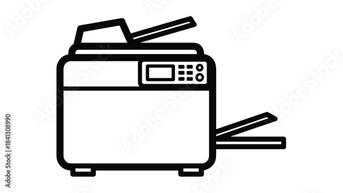 A black line drawing of a printer on a with paper in the tray and cords coming out, Generative AI