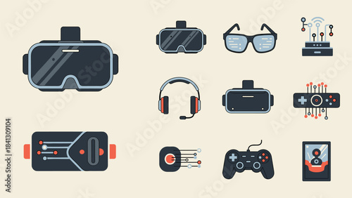 Collection of various virtual reality and gaming related icons and devices on a beige background, Generative AI