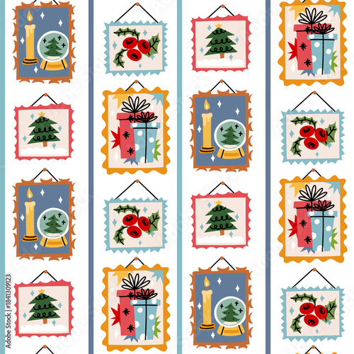 seamless pattern of multi-colored flat Christmas images in frames hangs on a striped wallpaper. flat color texture features gifts, holly, and snowglobes. Perfect for holiday packaging and backgrounds