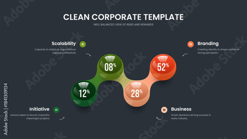Minimal Analysis 4 Step Chart Frame Template. Simple Forecast Four Element Diagram Presentation Layout. Professional Solution Slide Design Vector Illustration.